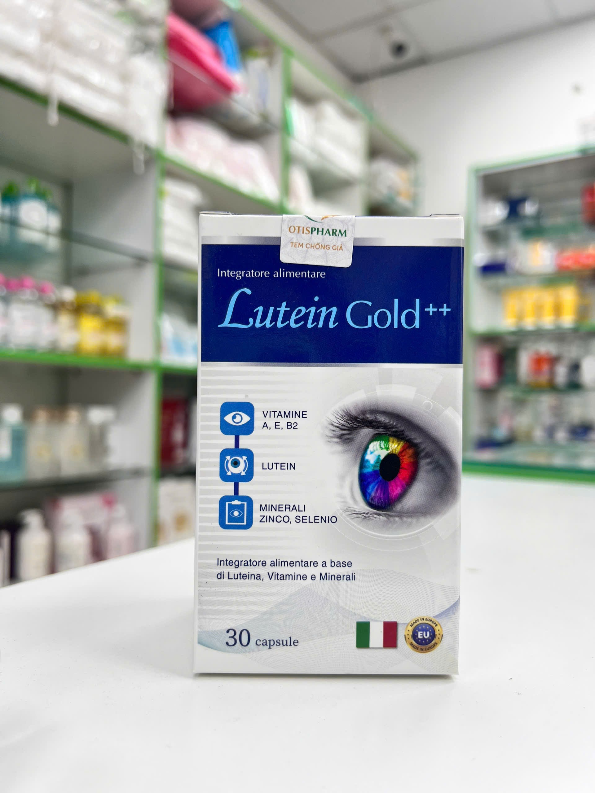 Lutein Gold ++ — hộp sản phẩm và viên bổ mắt